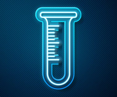 Parlayan neon hattı test tüpü ve mavi arka planda izole edilmiş matara simgesi. Kimyasal laboratuvar testi. Laboratuvar camları. Vektör İllüstrasyonu