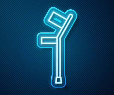 Parlayan neon çizgisi veya koltuk değneği simgesi mavi arkaplanda izole edilmiş. Kas iskeleti hastalığı olan insanların rehabilitasyonu için gerekli ekipman. Vektör İllüstrasyonu