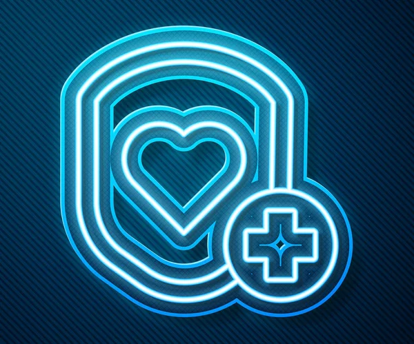 Leuchtendes Neon Line Shield und Herzfrequenzsymbol isoliert auf blauem Hintergrund. Gesundheitsschutzkonzept. Gesundheitsversorgung. Vektorillustration — Stockvektor