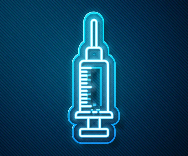 发光的霓虹灯线注射器图标孤立在蓝色的背景。疫苗注射器，疫苗，注射器，流感疫苗。医疗设备。病媒图解 — 图库矢量图片