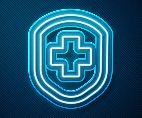 Λάμψη νέον γραμμή Ιατρική ασπίδα με σταυρό εικονίδιο απομονώνονται σε μπλε φόντο. Προστασία, ασφάλεια, ασφάλεια με κωδικό. Εικονογράφηση διανύσματος — Διανυσματικό Αρχείο