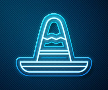 Parlayan neon hattı mavi arka planda izole edilmiş geleneksel Meksika sombrero şapka ikonu. Vektör İllüstrasyonu