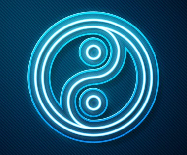 Parlak neon çizgisi mavi arkaplanda izole edilmiş uyum ve denge simgesi Yin Yang. Vektör İllüstrasyonu