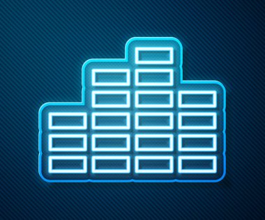 Parlayan neon hattı Müzik eşitleyici simgesi mavi arkaplanda izole edildi. Ses dalgası. Ses dijital dengeleyici teknolojisi, konsol paneli, nabız müzikali. Vektör İllüstrasyonu