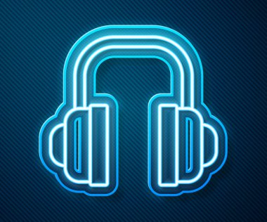 Parlayan neon hattı kulaklık simgesi mavi arkaplanda izole edildi. Müşteri hizmetleri, yardım hattı, çağrı merkezi, faq, bakım. Vektör İllüstrasyonu