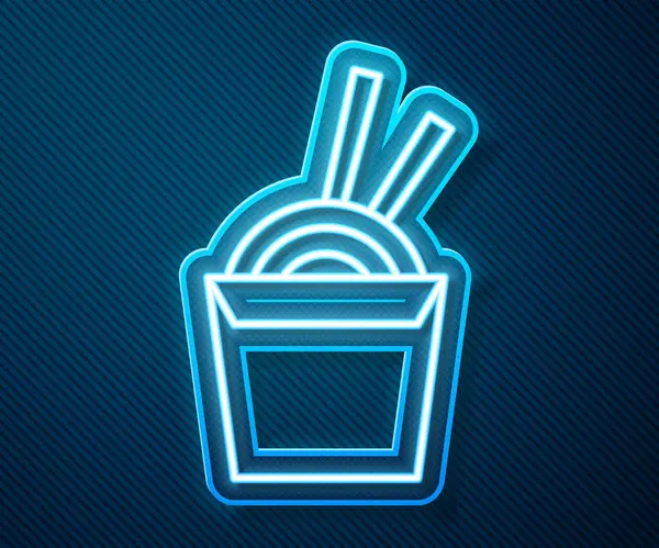 Karton kutuda parlayan neon hattı Asya erişteleri ve mavi arka planda izole edilmiş yemek çubukları ikonu. Sokak yemeği. Kore, Japon, Çin yemekleri. Vektör İllüstrasyonu — Stok Vektör