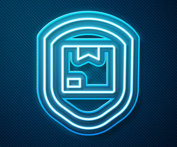 Glödande neon line Leverans pack säkerhet med sköld ikon isolerad på blå bakgrund. Leveransförsäkring. Säkrade kartonger bortom skölden. Vektor Illustration — Stock vektor