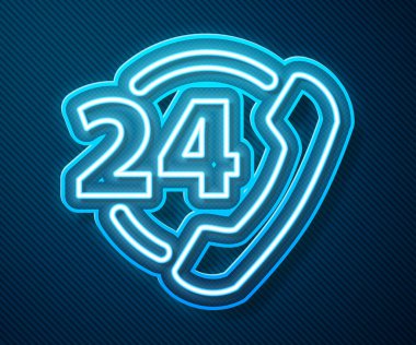 Parlayan neon hattı Telefon 24 saat destek ikonu mavi arkaplanda izole edildi. Tüm gün müşteri destek merkezi. Tam zamanlı çağrı servisi. Vektör İllüstrasyonu