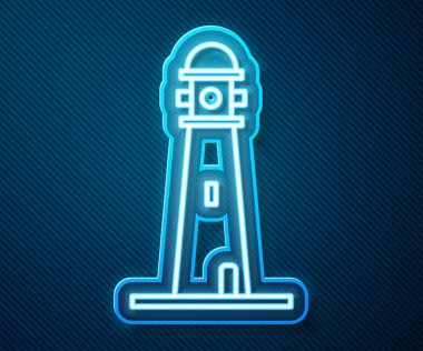 Parlayan neon hattı deniz feneri simgesi mavi arkaplanda izole edildi. Vektör İllüstrasyonu