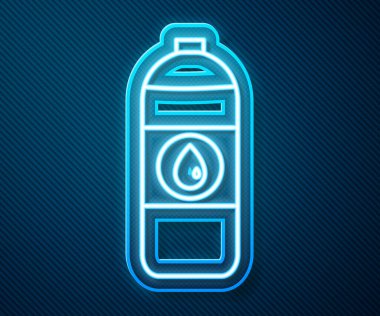 Mavi arka planda izole edilmiş motor makine yağı ikonu için parlak neon hattı Plastik kaplama. Benzin bidonu. Yağ değiştirme ve onarım servisi. Vektör İllüstrasyonu