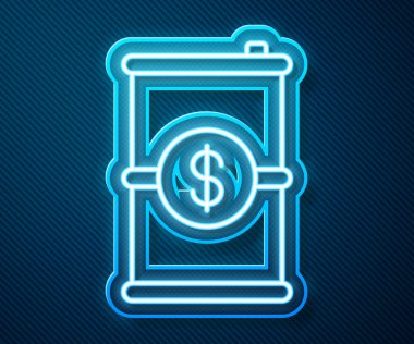 Parlak neon hattı fıçı yağı. Mavi arka planda dolar sembolü ikonu var. Vektör İllüstrasyonu