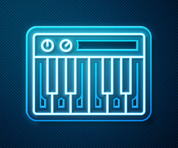 Leuchtendes Neon Line Musik-Synthesizer-Symbol isoliert auf blauem Hintergrund. Elektronisches Klavier. Vektorillustration — Stockvektor