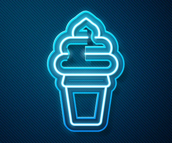 发亮的霓虹灯线冰淇淋在华夫饼锥形图标孤立在蓝色背景.甜蜜的象征。病媒图解 — 图库矢量图片
