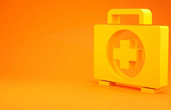 Gul førstehjælpskasse ikon isoleret på orange baggrund. Lægeæske med kors. Medicinsk nødudstyr. Sundhedskoncept. Minimalisme koncept. 3d illustration 3D gengivelse - Stock-foto