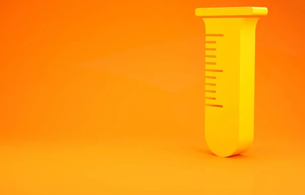 Жовта пробірка і значок колби ізольовані на помаранчевому фоні. Хімічний лабораторний тест. Лабораторний скляний посуд. Концепція мінімалізму. 3D ілюстрація 3D рендеринга — стокове фото