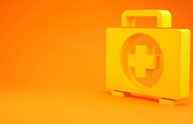 Sarı ilk yardım çantası simgesi turuncu arka planda izole edildi. Haçlı sağlık kutusu. Acil durumlar için tıbbi ekipman. Sağlık sigortası konsepti. Minimalizm kavramı. 3d illüstrasyon 3B canlandırma