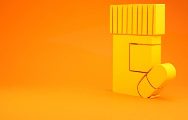 Sarı ilaç şişesi ve turuncu arka planda izole edilmiş hap ikonu. Şişe hapı işareti. Eczane tasarımı. Minimalizm kavramı. 3d illüstrasyon 3B canlandırma