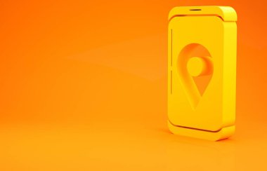 Sarı Mobil akıllı telefon. Uygulama dağıtım ikonu turuncu arkaplanda izole edilmiş. Paket takibi. Minimalizm kavramı. 3d illüstrasyon 3d canlandırma