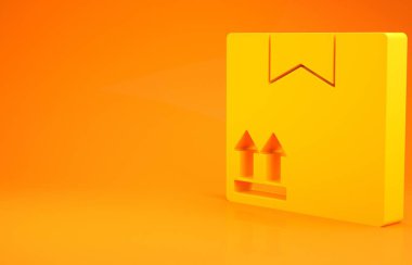 Turuncu arka planda trafik sembolü simgesi olan sarı karton kutu. Kutu, paket, paket. Teslimat, ulaşım ve nakliye. Minimalizm kavramı. 3d illüstrasyon 3d canlandırma