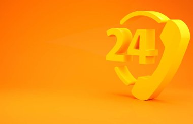 Sarı Telefon, turuncu arka planda 24 saat izole edilmiş destek ikonu. Tüm gün müşteri destek merkezi. Tam zamanlı çağrı servisi. Minimalizm kavramı. 3d illüstrasyon 3d canlandırma