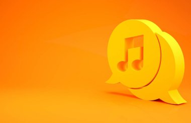 Turuncu arka planda izole edilmiş konuşma balonu ikonundaki sarı müzik notası. Müzik ve ses konsepti. Minimalizm kavramı. 3d illüstrasyon 3d canlandırma