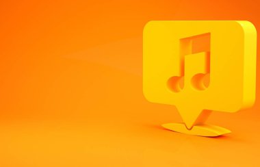 Turuncu arka planda izole edilmiş konuşma balonu ikonundaki sarı müzik notası. Müzik ve ses konsepti. Minimalizm kavramı. 3d illüstrasyon 3d canlandırma
