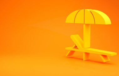 Sarı güneşli yatak ikonu turuncu arkaplanda izole edilmiş. Plaj şemsiyesi ve dinlenme odası. Minimalizm kavramı. 3d illüstrasyon 3d canlandırma