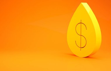 Turuncu arka planda dolar sembolü olan sarı yağ damlası. Minimalizm kavramı. 3d illüstrasyon 3d canlandırma