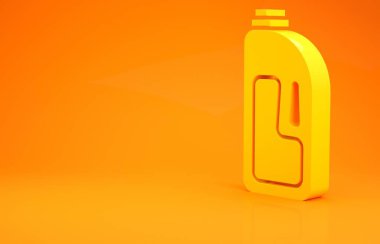 Sarı konteynır turuncu arka planda izole edilmiş drenaj temizleyici ikonu var. Plastik şişedeki deterjan. Minimalizm kavramı. 3d illüstrasyon 3B canlandırma