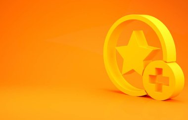 Sarı Yıldız simgesi turuncu arkaplanda izole edildi. Favori, en iyi derecelendirme, ödül sembolü. Konsepte ekle. Minimalizm kavramı. 3d illüstrasyon 3B canlandırma