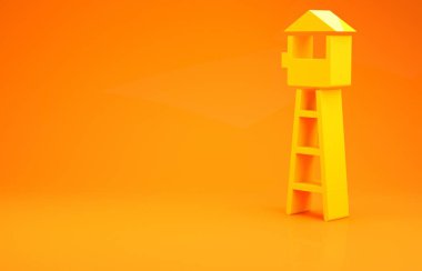 Sarı İzleme kulesi simgesi turuncu arka planda izole edildi. Hapishane kulesi, kontrol noktası, koruma bölgesi, eyalet sınırı, askeri üs. Minimalizm kavramı. 3d illüstrasyon 3B canlandırma