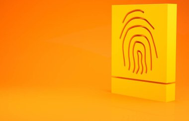 Turuncu arkaplanda sarı parmak izi simgesi var. Kimlik uygulaması simgesi. Kimlik işareti. Kimliğe dokun. Minimalizm kavramı. 3d illüstrasyon 3B canlandırma