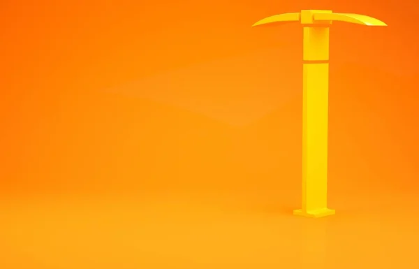 オレンジ色の背景に黄色のピックアックスアイコン 最小限の概念 3Dイラスト3Dレンダリング — ストック写真
