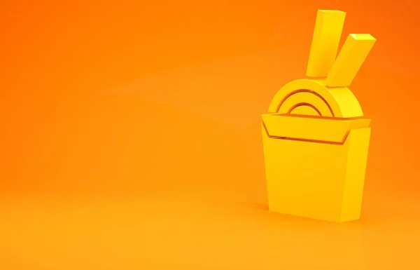 Желтая Азиатская Лапша Бумажной Коробке Иконка Палочки Еды Изолированы Оранжевом — стоковое фото