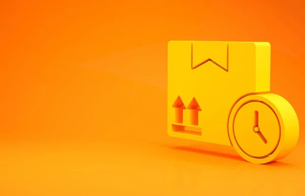 Yellow Carton cardboard box and fast time delivery icon isolated on orange background. Box, package, parcel sign. Delivery and packaging. Minimalism concept. 3d illustration 3D render