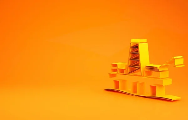 Yellow Oil platform in the sea icon isolated on orange background. Drilling rig at sea. Oil platform, gas fuel, industry offshore. Minimalism concept. 3d illustration 3D render