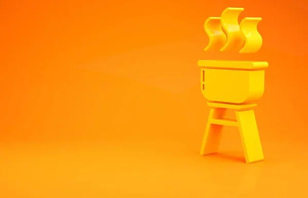 オレンジ色の背景に隔離された黄色のバーベキューグリルアイコン バーベキューグリルパーティー 最小限の概念 3Dイラスト3Dレンダリング — ストック写真