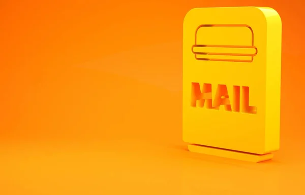 Yellow Mail box icon isolated on orange background. Mailbox icon. Mail postbox on pole with flag. Minimalism concept. 3d illustration 3D render