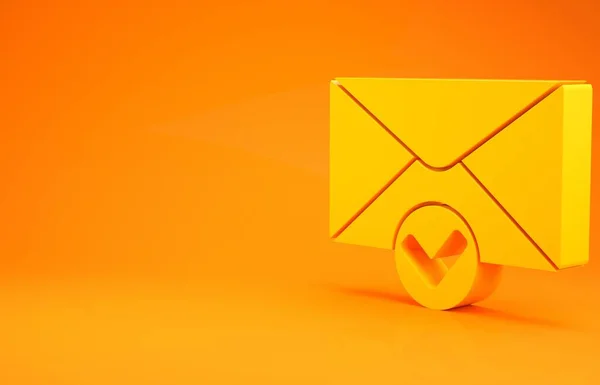Gele Envelop Vinkje Pictogram Geïsoleerd Oranje Achtergrond Succesvolle Mail Levering — Stockfoto