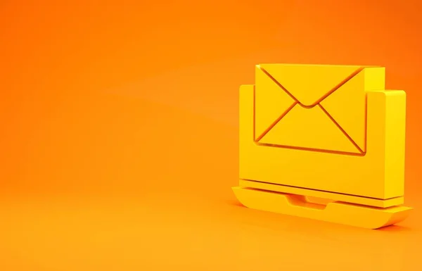 黄色笔记本电脑与信封和打开电子邮件屏幕图标孤立的橙色背景 电子邮件营销 网络广告概念 最低纲领的概念 3D渲染3D插图 — 图库照片