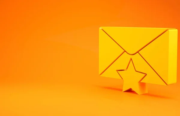 黄色信封 星形图标孤立在橙色背景上 重要的电子邮件 添加到最喜爱的图标 明星邮件 最低纲领的概念 3D渲染3D插图 — 图库照片