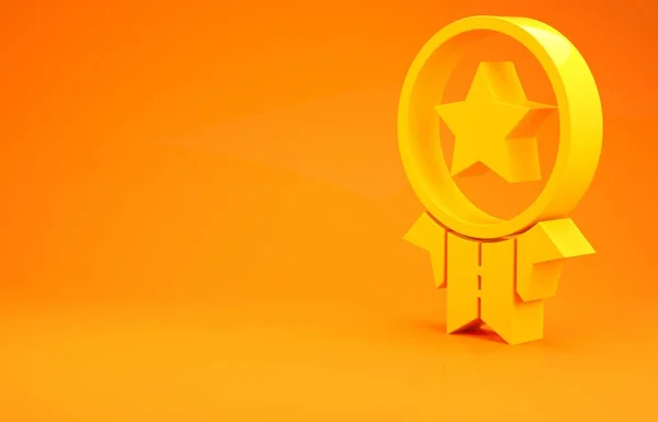 オレンジ色の背景に星のアイコンが孤立した黄色のメダル 受賞者の達成サイン メダル受賞 最小限の概念 3Dイラスト3Dレンダリング — ストック写真