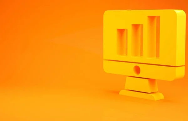 Yellow Computer monitor with graph chart icon isolated on orange background. Report text file. Accounting sign. Audit, analysis, planning. Minimalism concept. 3d illustration 3D render