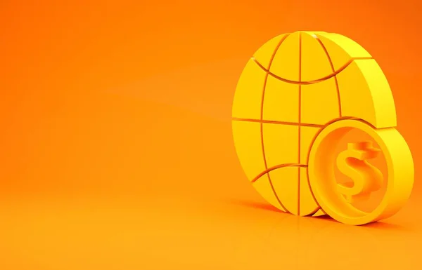 黄色地球与美元符号图标孤立在橙色背景 世界或地球的标志 全球互联网符号 几何形状 最低纲领的概念 3D渲染3D插图 — 图库照片