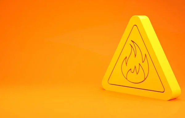 Yellow Fire flame in triangle icon isolated on orange background. Warning sign of flammable product. Minimalism concept. 3d illustration 3D render