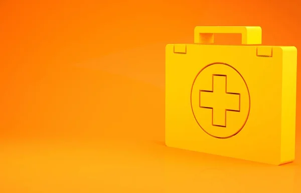Yellow First aid kit icon isolated on orange background. Medical box with cross. Medical equipment for emergency. Healthcare concept. Minimalism concept. 3d illustration 3D render