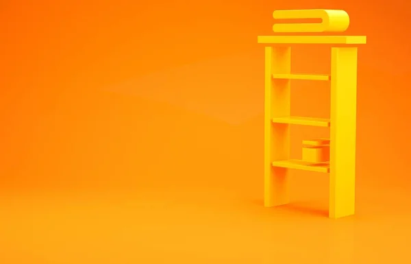 黄色浴室架 架子上的毛巾图标孤立橙色背景 浴室室内的家具用品 最低纲领的概念 3D渲染3D插图 — 图库照片