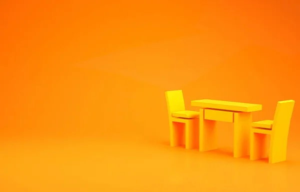 黄色木制桌子 椅子图标与橙色背景隔离 最低纲领的概念 3D渲染3D插图 — 图库照片