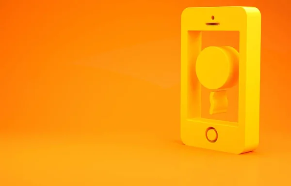 Yellow Mobile phone with birthday message icon isolated on orange background. Minimalism concept. 3d illustration 3D render