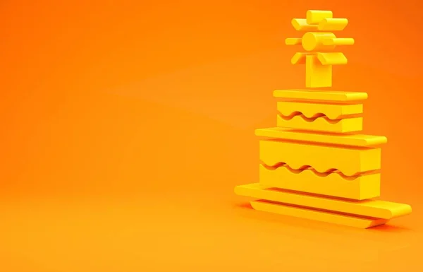 Yellow Cake with burning candles icon isolated on orange background. Happy Birthday. Minimalism concept. 3d illustration 3D render